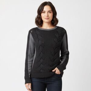 DKNY Mixed-Media Wool Blend Black & Grey Cable Knit Sweater Size Medium